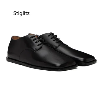 Черные Кожаные туфли для Мужчин на плоской подошве с квадратным носком и шнуровкой, Повседневная деловая мужская обувь, Оксфорды из коровьей кожи, Мужская Свадебная Рабочая обувь