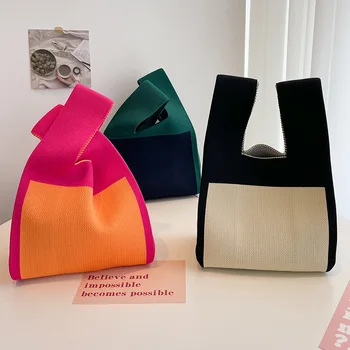Новая японская вязаная женская сумка, цветная однотонная темпераментная сумка, тканая сумка, модная сумка для ручной переноски