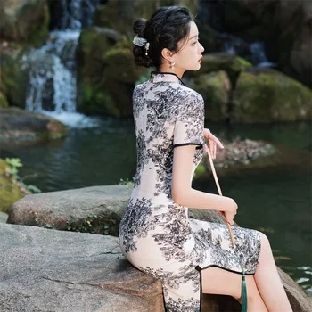 Чонсам средней длины в ретро-винтажном китайском традиционном стиле, Вечернее Свадебное платье Ципао для женщин, Летняя вечеринка 2023