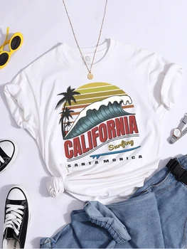 Пляжная футболка California Surfing, Санта-Моника, Женская летняя футболка в стиле Харадзюку, Повседневная классическая одежда, Уличная одежда в стиле хип-хоп