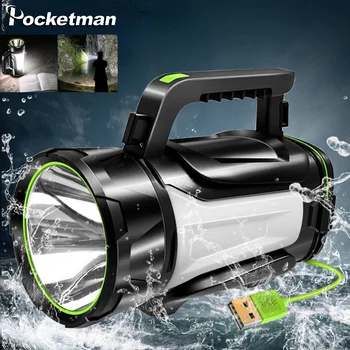 Мощный светодиодный фонарик Мощный USB Перезаряжаемый прожектор Прожекторная банка лампа Водонепроницаемый рыболовный фонарь Встроенный аккумулятор