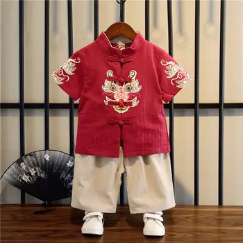 Летний китайский хлопковый льняной костюм Тан для мальчиков и девочек, топ с принтом дракона, комплект брюк с короткими рукавами, детская Китайская Новогодняя одежда
