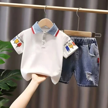 Летний комплект одежды для мальчиков, Рубашка-поло с короткими рукавами, Джинсовые шорты, Комплект детской одежды из двух предметов, 2, 4, 6, 8 лет